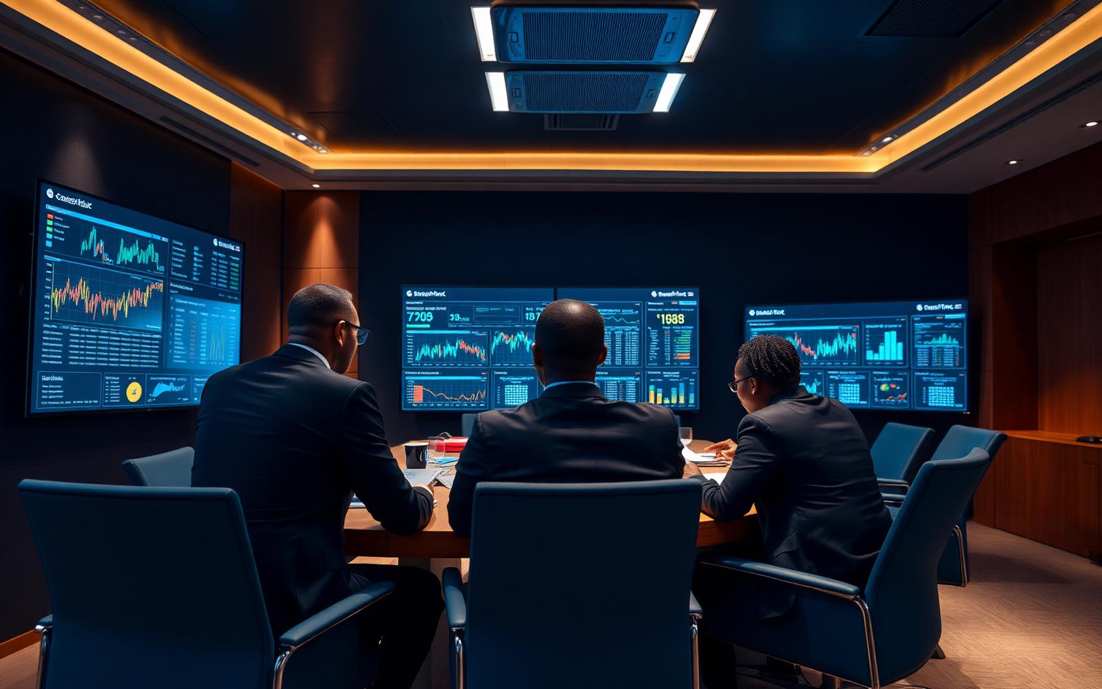 ECB team in a boardroom reviewing financial dashboards